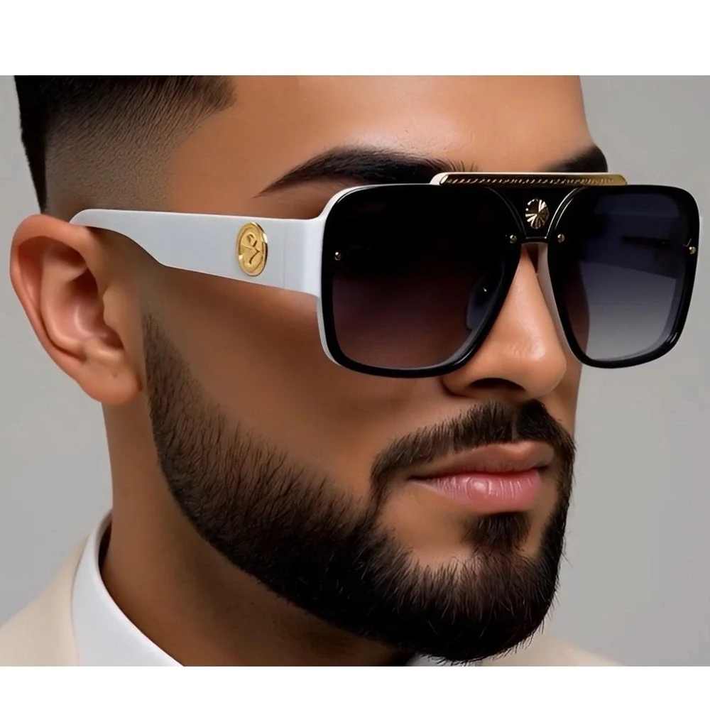 Aviator Sunglasses White Frame‎ Black Lens Gold Accent Designer Style Shades Hot